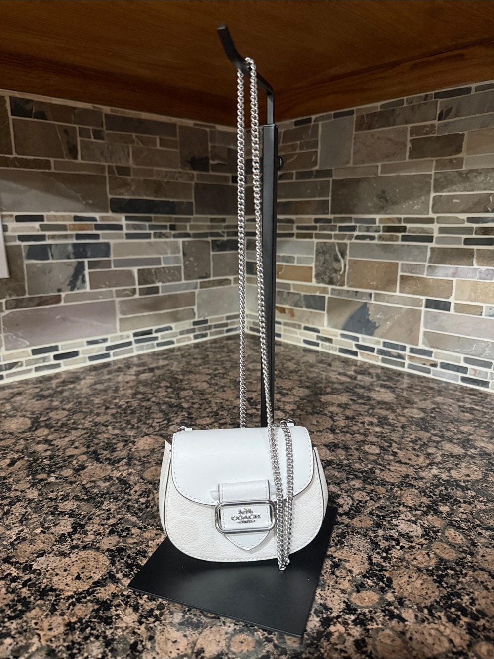 Coach White Leather Mini Saddle Crossbody with Silver Chain